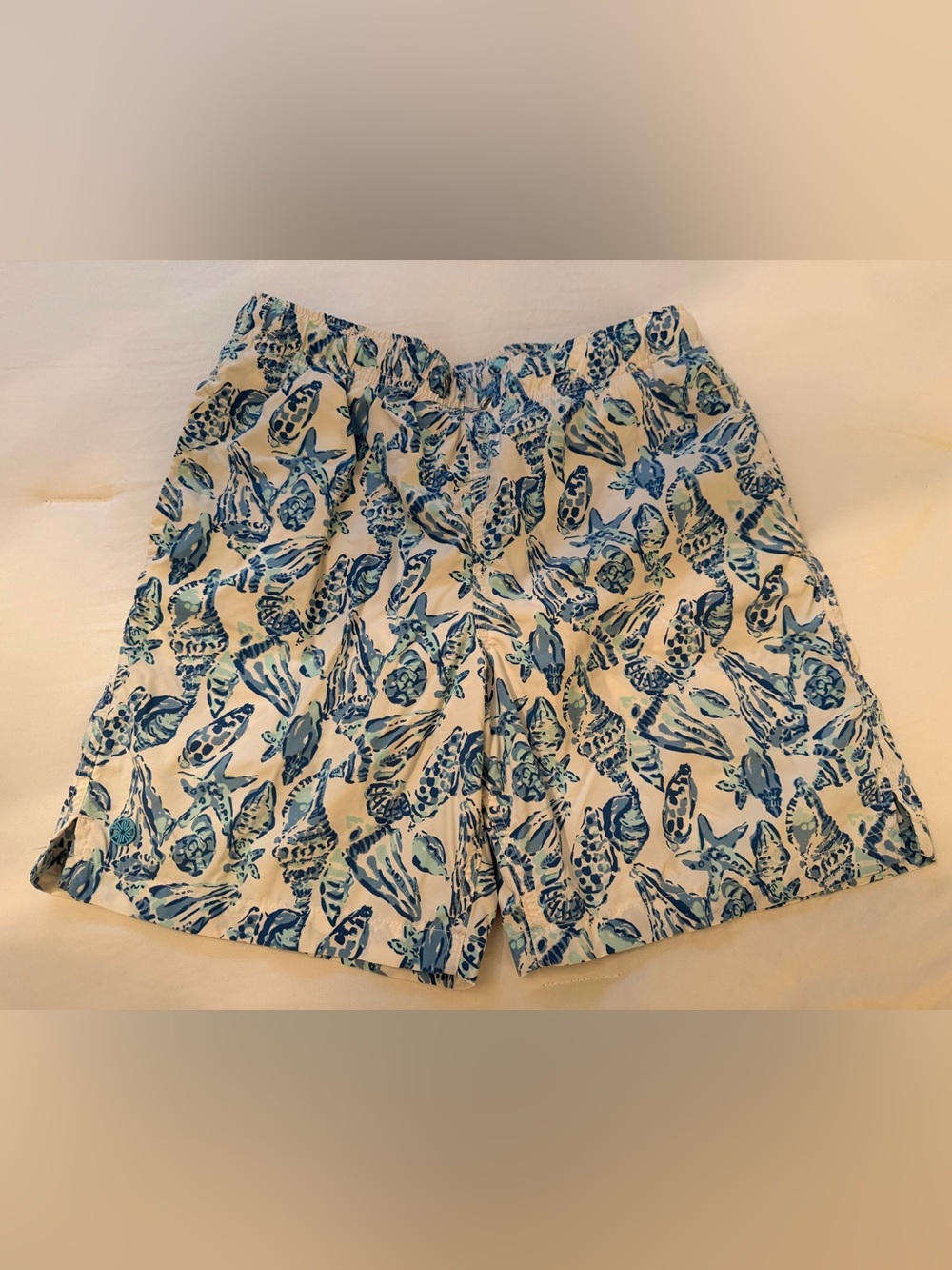 Boys Lilly Pulitzer XL swim trunks shorts sea shell print blue white